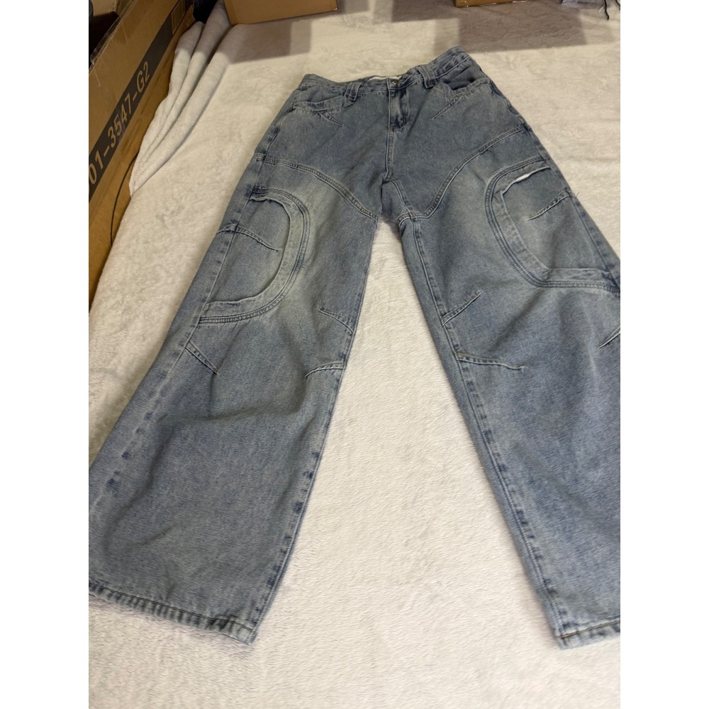 Realtakai Light Wash Blue Baggy Paneled Seam Detail Wide Leg Streetwear Jeans L